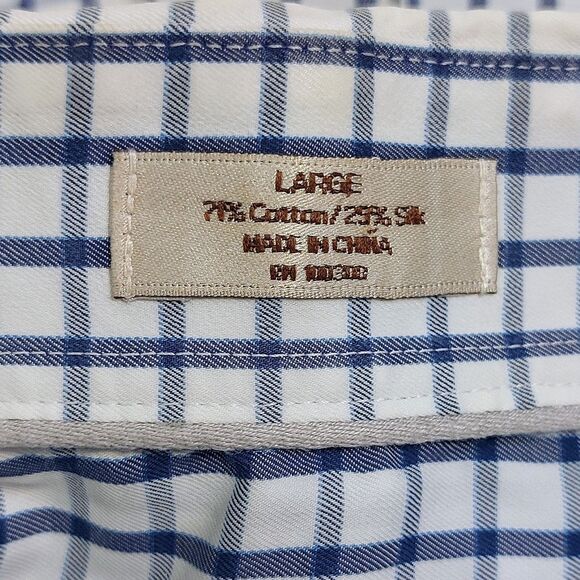 Peter Millar Crown Soft Men's Large Button Down Silk Blend Shirt Blue Checkered - Picture 6 of 10